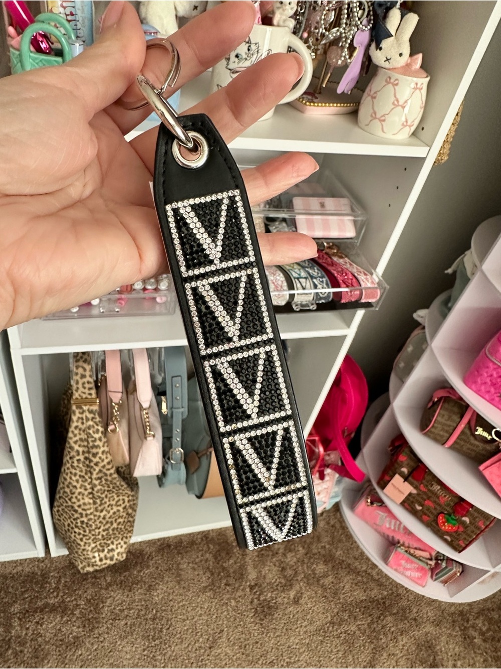 Rare! Victoria’s Secret Keychain Wristlet Strap Black and Silver w/ Rhinestone